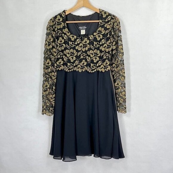 Night Way Collections Vintage Long Sleeve Gold Mesh Overlay Cocktail Party LBD 6 - Picture 1 of 6